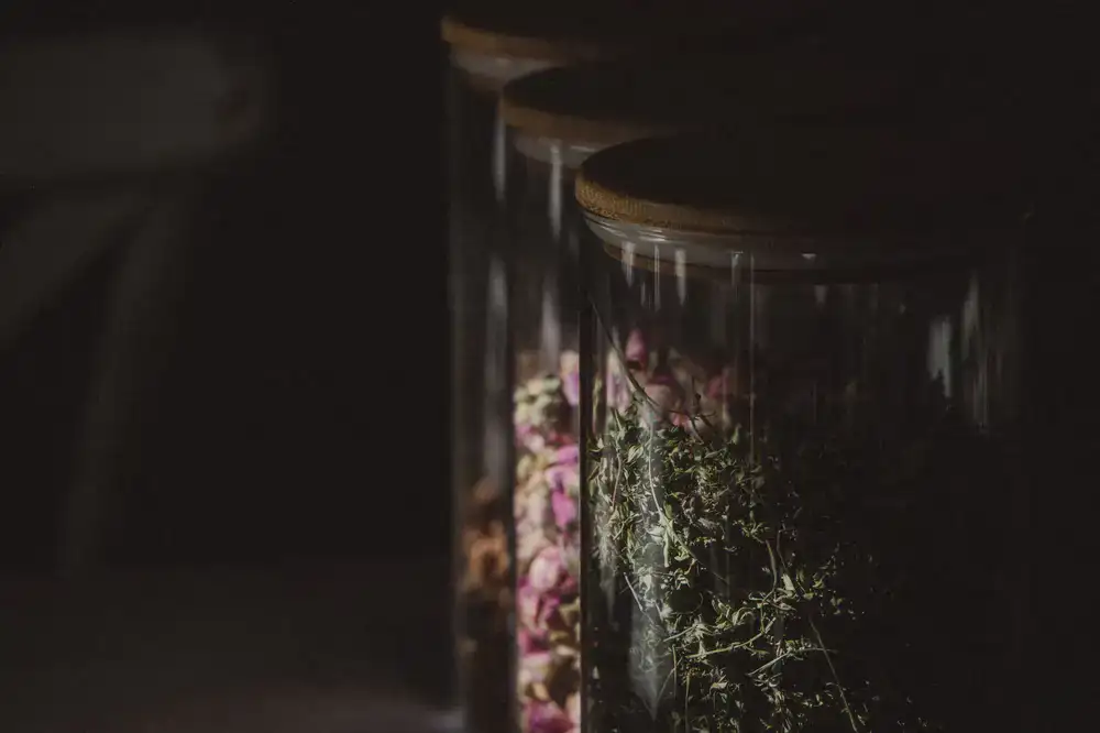 Glass apothecary jars filled with dried herbs