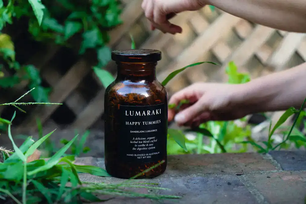 A jar of digestive herbal tea blend